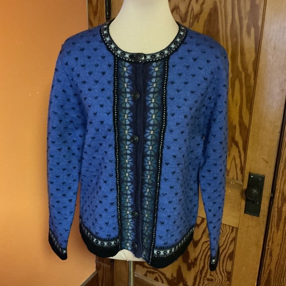Vintage Blue Nordic Cardigan Oversized Fair Isle Sweater Cozy Cottagecore - Picture 9 of 10